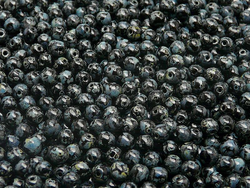 100 St. Runde Gepresste Perlen 4mm, Böhmisches Glas, Schwarz Travertin