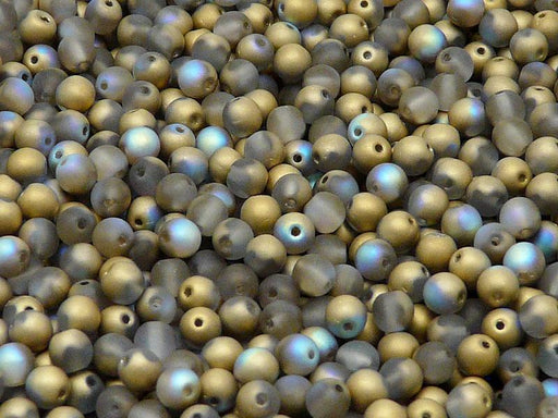 100 St. Gepresste Perlen rund 4mm, Kristall matt Gold schimmernd, Tschechisches Glas