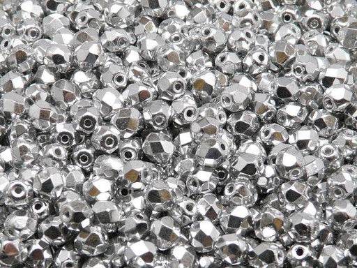 50 St. Fire Polished facettierte Glasperlen Rund 5mm, Silber metallic, Tschechisches Glas