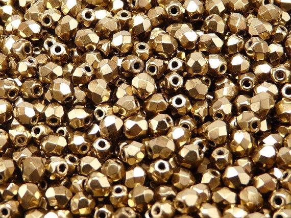 50 St. Fire Polished facettierte Glasperlen Rund 5mm, Gold, Tschechisches Glas