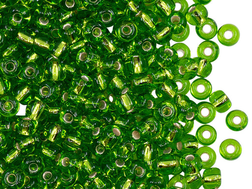 20 g 5/0 Rocailles Preciosa Ornela, Grün mit versilbertem Loch, Tschechisches Glas