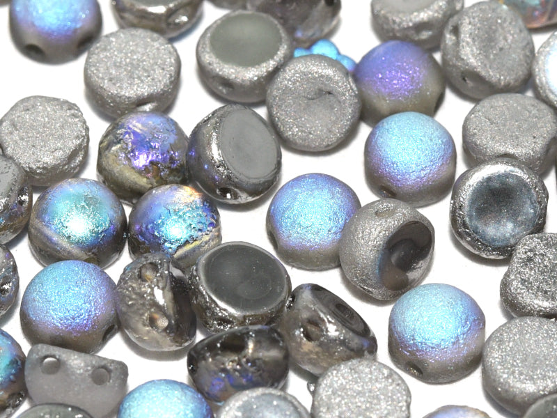 Gepresste Perlen Cabochon 6mm 2-Loch Kristall voll Azuro Tschechisches Glas Farbe_Blue Farbe_ Grey