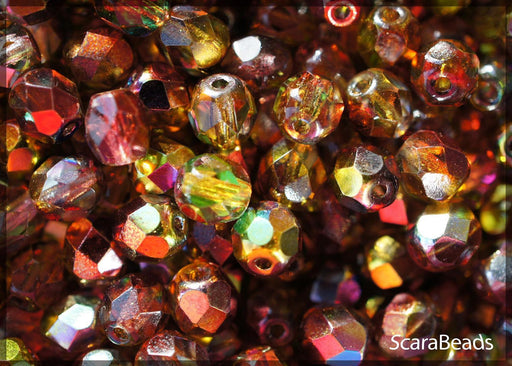 50 St. Fire Polished facettierte Glasperlen Rund 6mm, Magic Rot Gelb, Tschechisches Glas