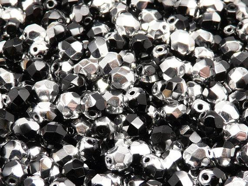 50 St. Fire Polished facettierte Glasperlen Rund 6mm, Jet Labrador (Jet Silber), Tschechisches Glas