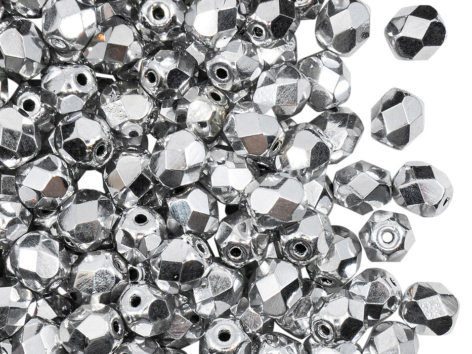 1 St. Fire Polished Glasperlen Set rund 3mm, 4mm, 6mm, 8mm, Kristall, Labrador voll (Silber metallic), Tschechisches Glas