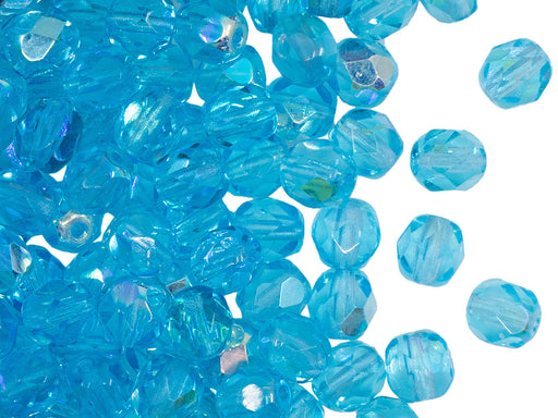 50 St. Fire Polished facettierte Glasperlen Rund 6mm, Aquamarin AB, Tschechisches Glas