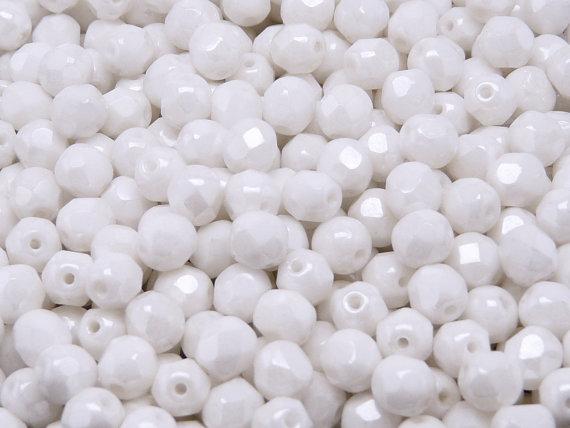 50 St. Fire-Polished Facettiert Perlen Rund 6mm, Böhmische Glas, Weiß Kreide Weiß Luster