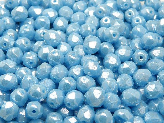 50 St. Fire-Polished Facettiert Perlen Rund 6mm, Böhmische Glas, Opak Türkis Blau Weiß Luster