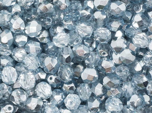Fire Polished Faceted Beads Round 6 mm Crystal Comet Azore Light Czech Glass Grey Blue