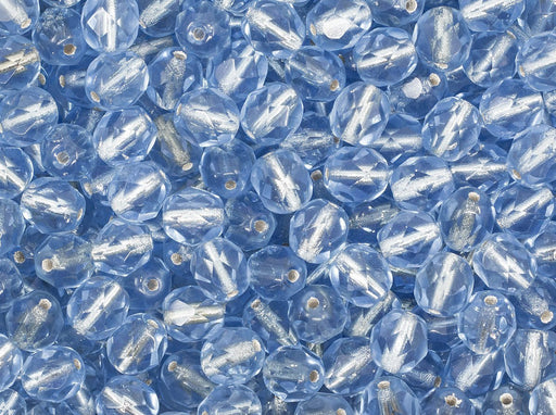 Fire Polished Faceted Beads Round 6 mm Light Sapphire Silver Lined Czech Glass Blue Silver