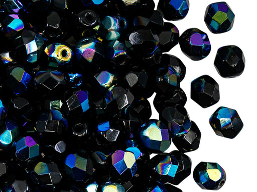 Fire Polished facettierte Glasperlen rund 6 mm Jet Black AB Tschechisches Glas  Farbe_Black Farbe_ Multicolored