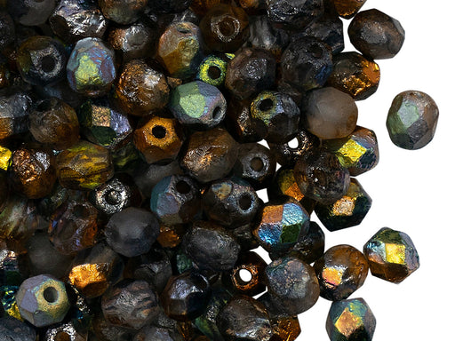 50 St. Fire Polished Glasperlen 6 mm, Kristall, geätzt, Magic Copper, Tschechisches Glas