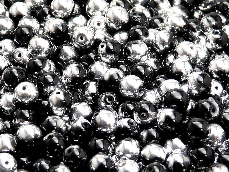 50 St. Runde Gepresste Perlen 6mm, Böhmisches Glas, Jet Labrador (Jet Silber)