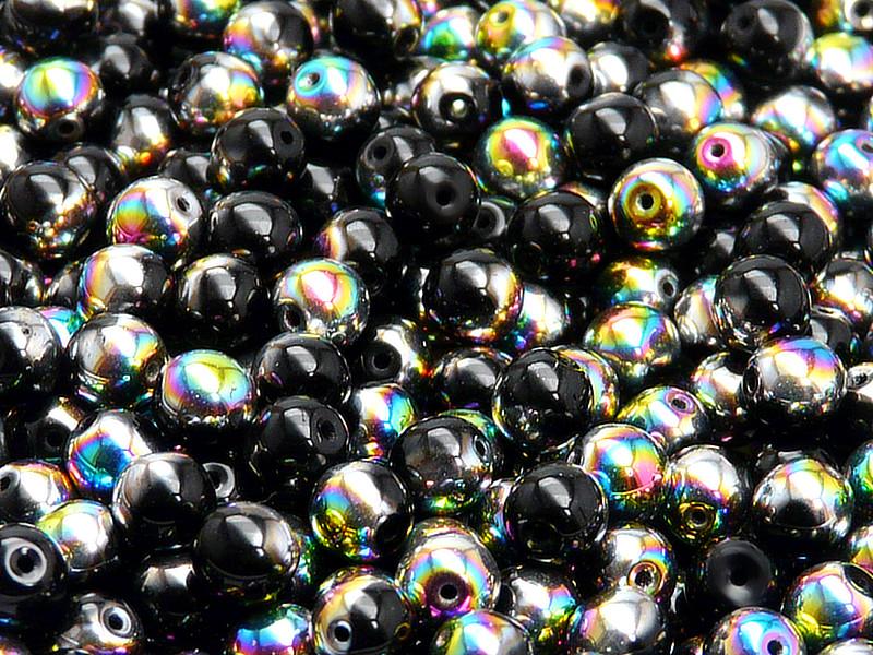 50 St. Runde Gepresste Perlen 6mm, Böhmisches Glas, Jet Vitrail