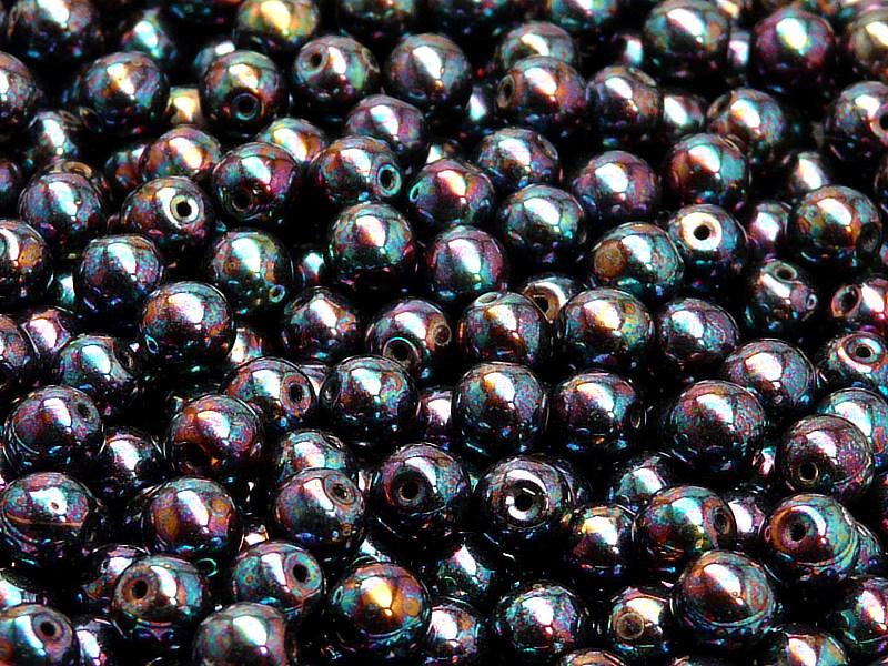 50 St. Runde Gepresste Perlen 6mm, Jet irisierend Luster, Tschechisches Glas