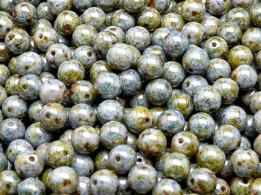 50 St. Runde Gepresste Perlen 6mm, Böhmisches Glas, Weiße Kreide Blue Senegal