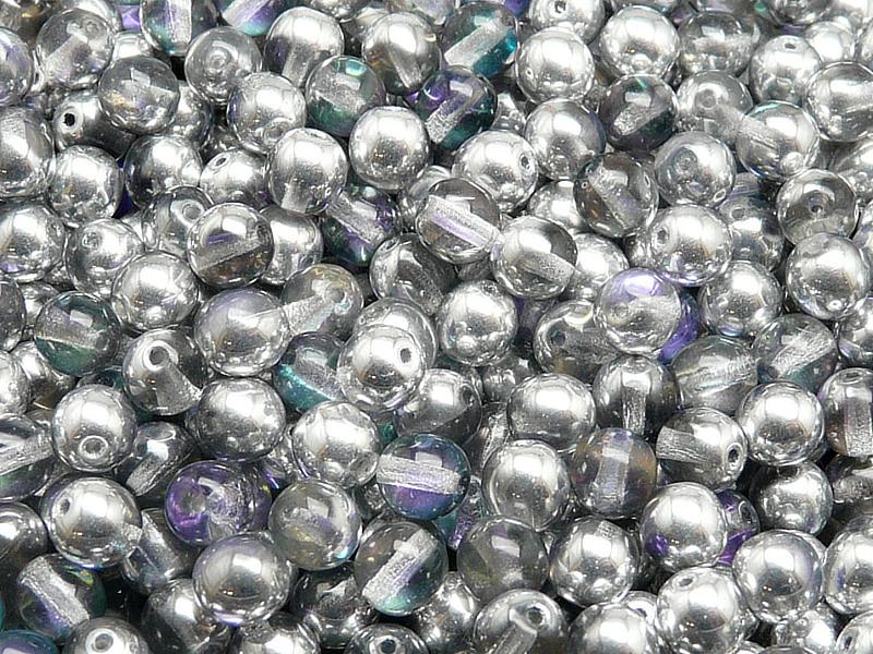 50 St. Gepresste Perlen rund 6mm, Kristall Glasmalerei hell, Tschechisches Glas