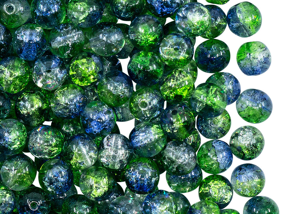 50 St. Runde Perlen 6 mm, Crystal Green Cobalt Two Tone Luster, Böhmische Glas