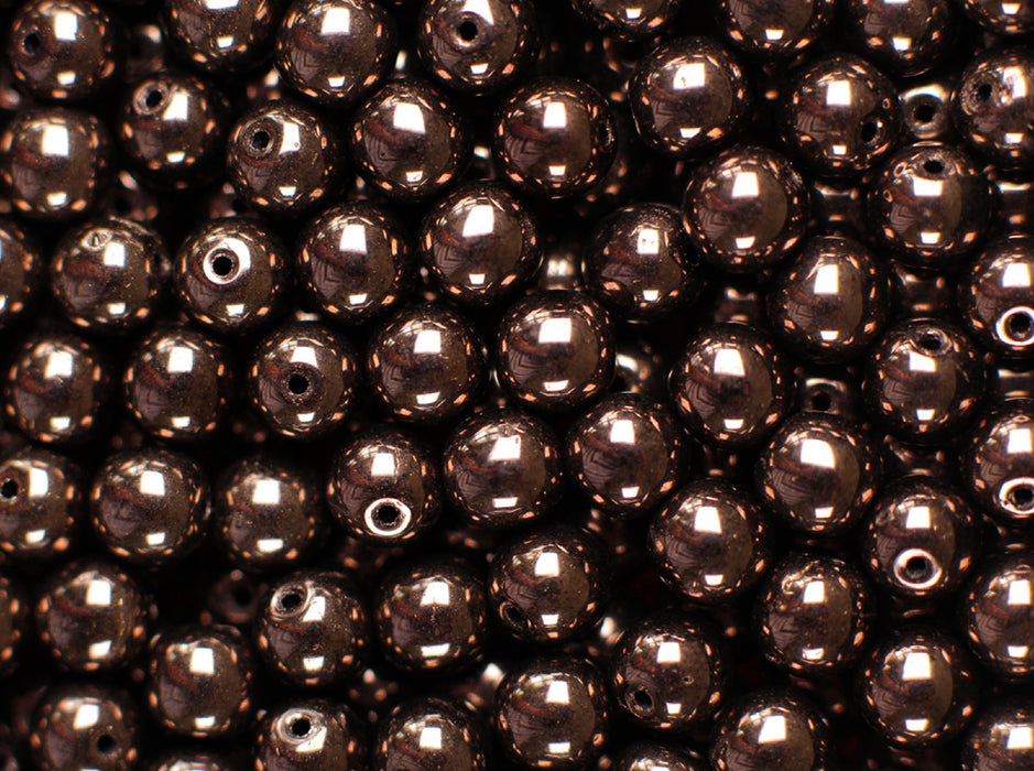 50 St. Runde Gepresste Perlen 6mm, Böhmisches Glas, Jet Kupfer Lustre