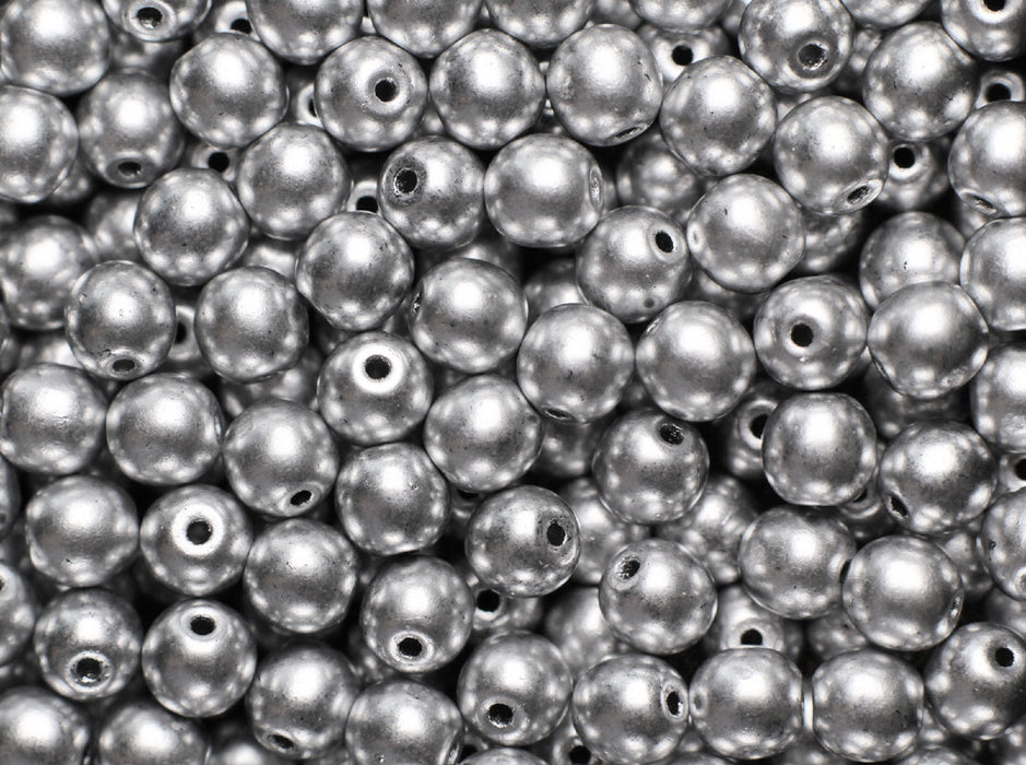 50 St. Runde Gepresste Perlen 6mm, Böhmisches Glas, Kristall Bronze Aluminium (Silber Matte)