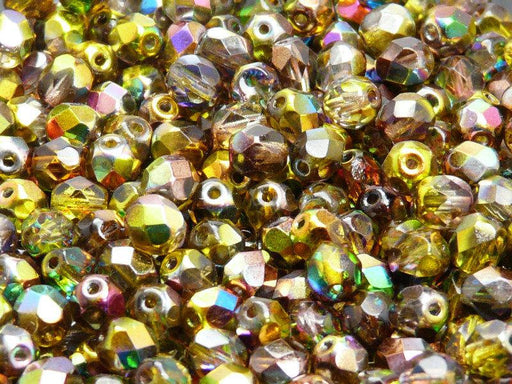 50 St. Fire Polished facettierte Glasperlen Rund 6mm, Magic Gelb Braun, Tschechisches Glas