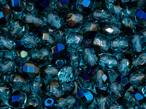 50 St. Fire Polished facettierte Glasperlen  Rund 6mm, Aquamarin Azuro, Tschechisches Glas