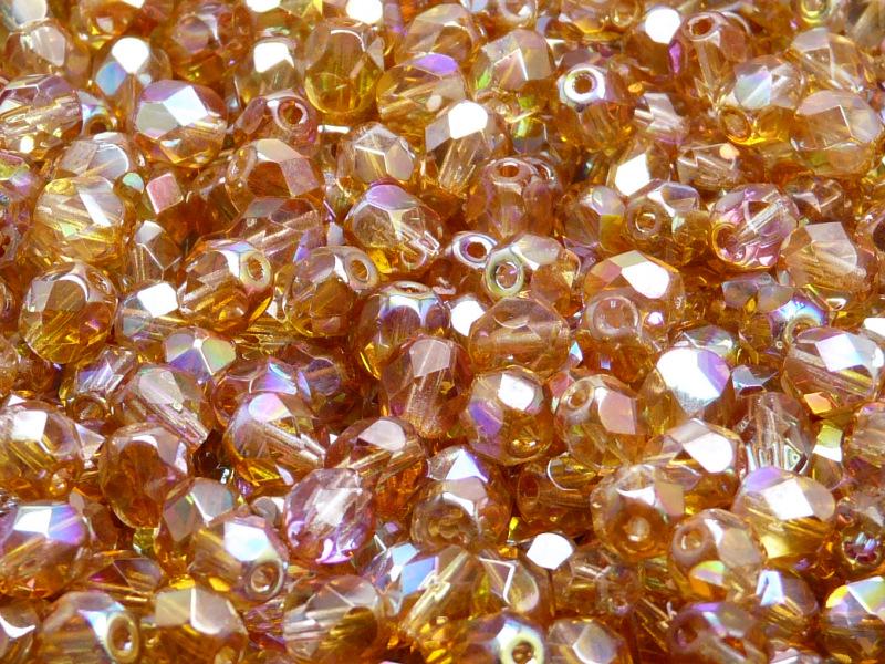 50 St. Fire Polished facettierte Glasperlen Rund 6mm, Kristall, orange schimmernd, Tschechisches Glas