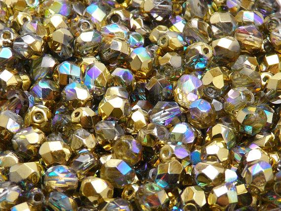 50 St. Fire Polished facettierte Glasperlen Rund 6mm, Kristall, gold schimmernd, Tschechisches Glas