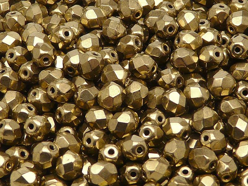 50 St. Fire Polished facettierte Glasperlen Rund 6mm, Dunkles Gold metallic, Tschechisches Glas