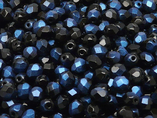 50 St. Fire Polished facettierte Glasperlen Rund 6mm, Jet Rutil Blau, Tschechisches Glas