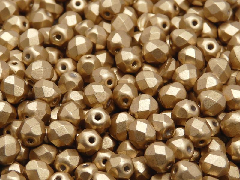 50 St. Fire Polished facettierte Glasperlen Rund 6mm, Gold blass matt (Aztekengold), Tschechisches Glas
