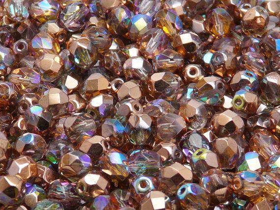 50 St. Fire Polished facettierte Glasperlen Rund 6mm, Kristall, Kupfer schimmernd, Tschechisches Glas