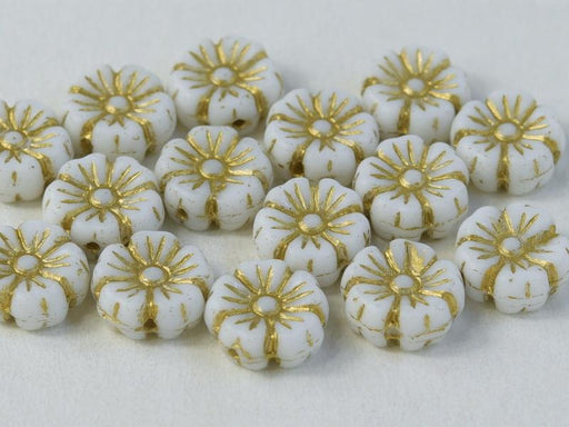 Hibiskusblüten Perlen 7mm Kreideweiß mit goldenem Dekor Tschechisches Glas Farbe_White Farbe_ Gold