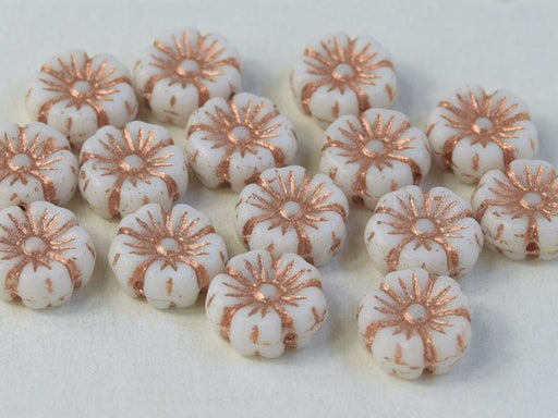 Hibiskusblüten Perlen 7mm Kreideweiß mit bronze gebranntem Dekor Tschechisches Glas Farbe_White Farbe_ Brown