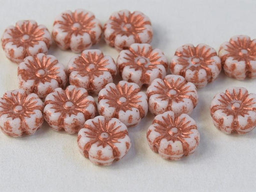 Hibiskusblüten Perlen 7mm Kreideweiß mit Kupfer-Dekor Tschechisches Glas Farbe_White Farbe_ Brown