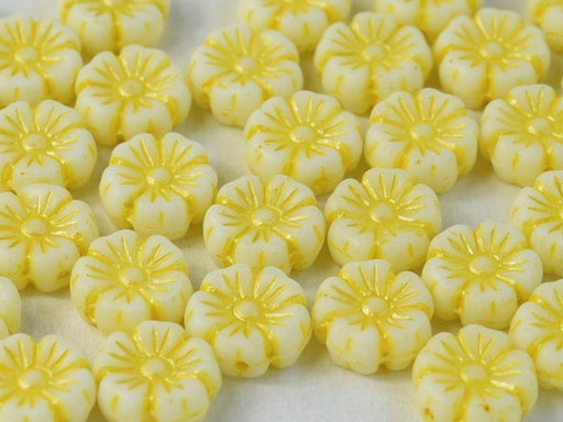 Hibiskusblüten Perlen 7mm Kreideweiß mit gelbem Dekor Tschechisches Glas Farbe_White Farbe_ Yellow