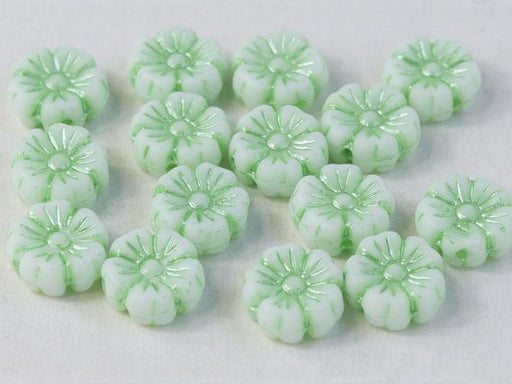 Hibiskusblüten Perlen 7mm Kreideweiß mit grünem Dekor Tschechisches Glas Farbe_White Farbe_ Green