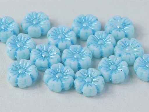 Hibiskusblüten Perlen 7mm Kreideweiß mit Türkisblauem Dekor Tschechisches Glas Farbe_White Farbe_ Blue