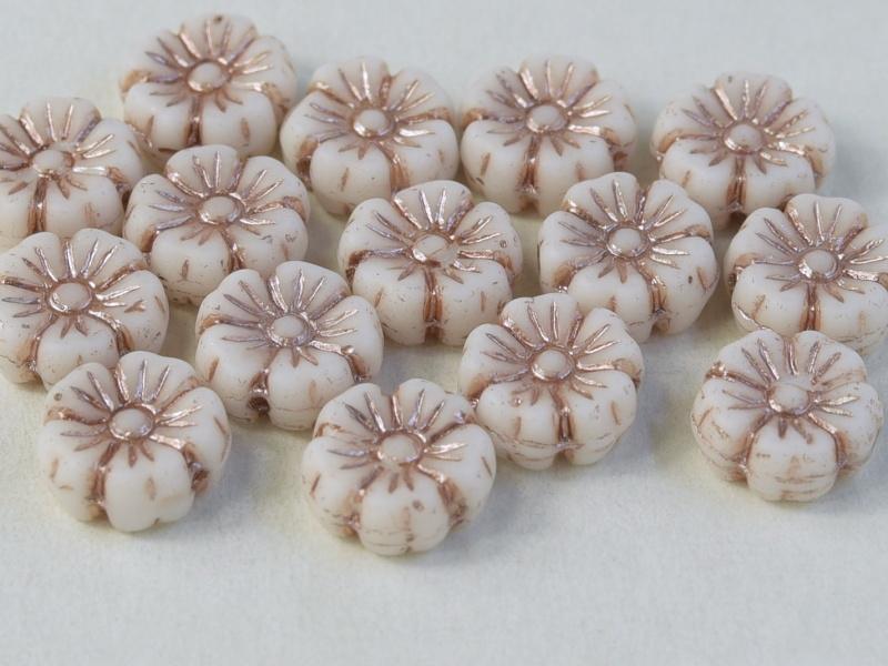 Hibiskusblüten Perlen 7mm Kreideweiß mit Bronzedekor Tschechisches Glas Farbe_White Farbe_ Brown