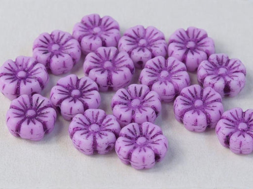 Hibiskusblüten Perlen 7mm Kreideweiß mit Violettem Dekor Tschechisches Glas Farbe_Purple
