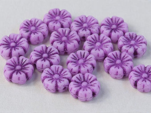 Hibiskusblüten Perlen 7mm Kreideweiß mit Violettem Dekor Tschechisches Glas Farbe_Purple