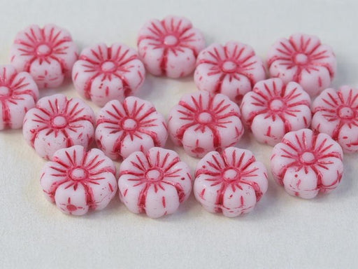 Hibiskusblüten Perlen 7mm Kreideweiß mit Rotem Dekor Tschechisches Glas Farbe_White Farbe_ Red