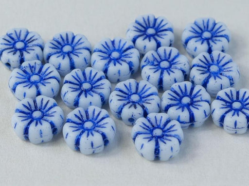 Hibiskusblüten Perlen 7mm Kreideweiß mit Blauem Dekor Tschechisches Glas Farbe_White Farbe_ Blue