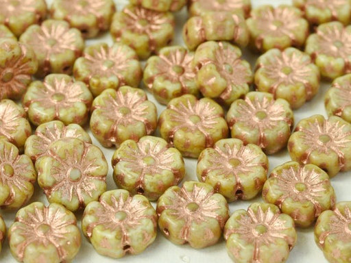 Hibiskusblüten Perlen 7mm Kreideweiß Grün Kupfer Tschechisches Glas Farbe_Green Farbe_ Brown