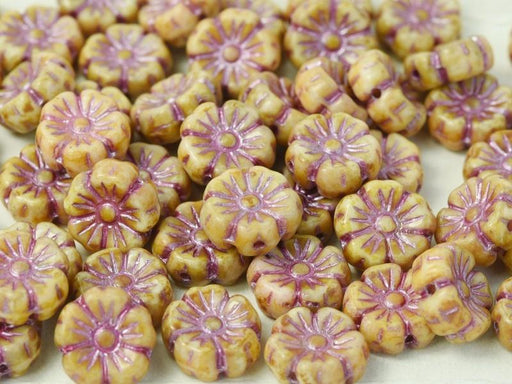 Hibiskusblüten Perlen 7mm Kreideweiß Terrakottarosa Tschechisches Glas Farbe_Beige Farbe_ Pink
