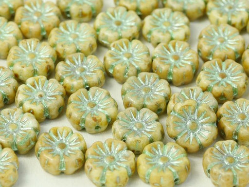 Hibiskusblüten Perlen 7mm Kreideweiß Grün Silber Tschechisches Glas Farbe_Beige Farbe_ Green
