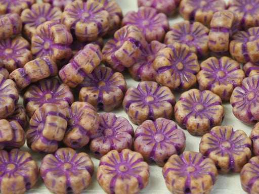 Hibiskusblüten Perlen 7mm Kreideweiß Terrakotta Lila Tschechisches Glas Farbe_Purple