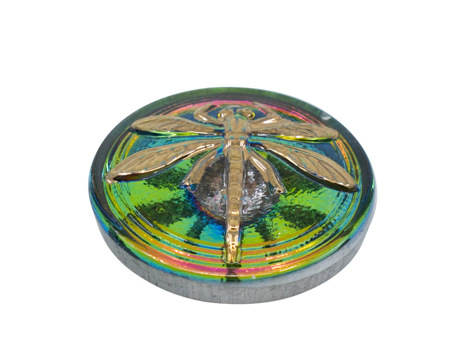1 St. Tschechischer Glascabochon, Kristall, Glasmalerei Grün/Gelb/Rosa, , Libelle, handbemalt, Größe 8 (18 mm)