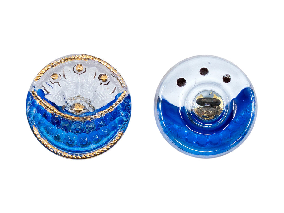 1 pc Tschechische Glasknöpfe handbemalt, Knopfgröße 8, Transparent mit weißem Hintergrund und blauem Halbmond, goldene Verzierung, Tschechisches Glas (Czech Glass Buttons)