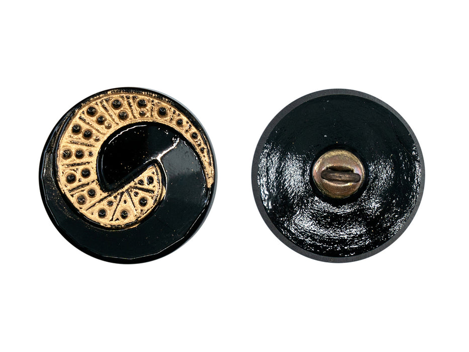 1 pc Tschechische Glasknöpfe handbemalt, Knopfgröße 8, Jet Schwarz mit goldener Spirale und Punkten, gewölbt, Tschechisches Glas (Czech Glass Buttons)